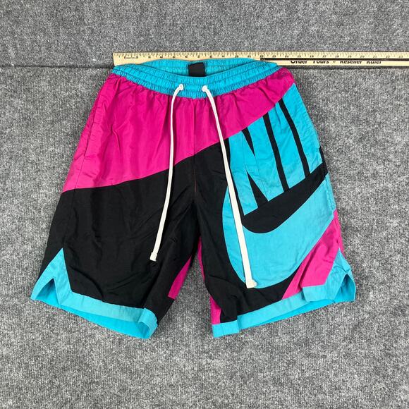 Nike Swim Trunks Mens Size M Pink Blue Black Logo Mesh Lined Retro Drawstring - Picture 1 of 10